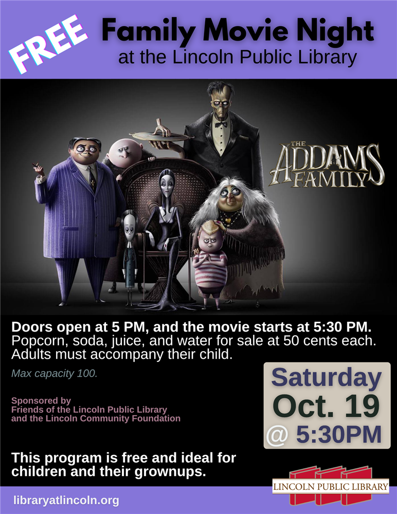 Still from the animated film The Addams Family with event details.